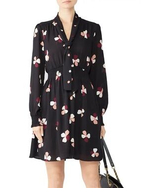 Kate Spade Black Floral Tie-Neck Long Sleeve Dress